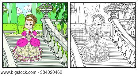 Beautiful Princess Holding Letter In Well-kept Palace Park With A Large Staircase Outlined For Color