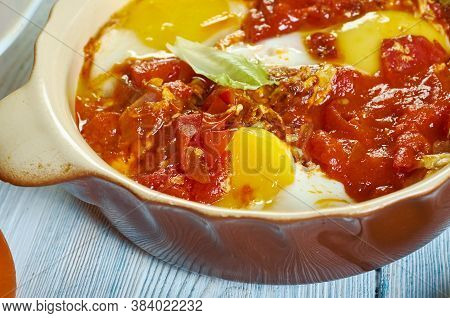 Shakshouka,  Dish Of Eggs Poached In A Sauce Of Tomatoes, Olive Oil, Peppers, Onion And Garlic,, Isr