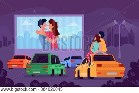 Car Cinema Romantic Movie Theater And Couple Watching Movie In Car, Vector Cartoon Background. Drive