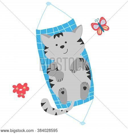 Cute Grey Cat Lying In A Hammock. Vector Isolated Elements.