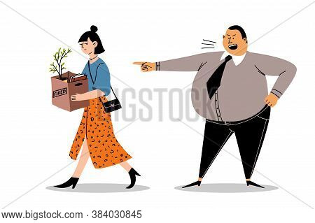 Dismissal Of Workers. The Fat Boss Yells At The Woman In Anger. A Young Woman Leaves With A Box Of W