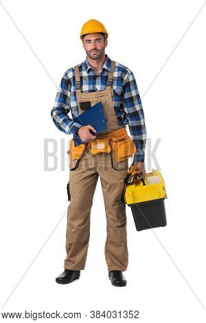 Contractor Worker In Coveralls And Hardhat With Toolbox And Document Folder Isolated On White Backgr