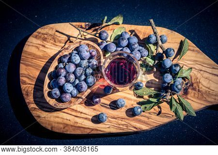 Blue Round Fruits Of The Blackthorn Bush