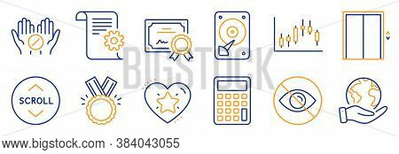 Set Of Business Icons, Such As Lift, Calculator. Certificate, Save Planet. Medical Tablet, Not Looki