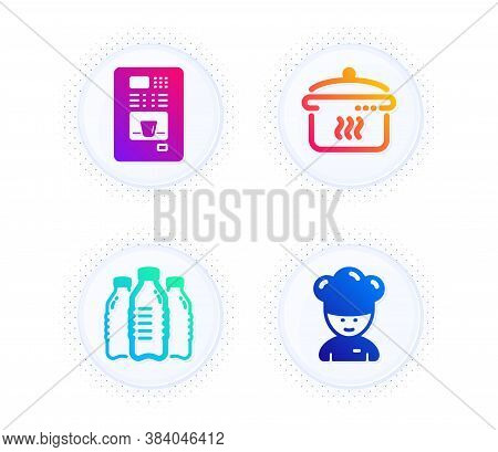Water Bottles, Boiling Pan And Coffee Vending Icons Simple Set. Button With Halftone Dots. Cooking C