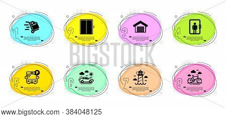 Bus Parking, Parking Garage And Car Travel Signs. Timeline Infographic. Lift, Bike Rental And Elevat
