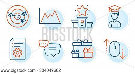 Surprise Boxes, Scroll Down And Diagram Signs. Targeting, Winner Podium And Student Line Icons Set. 