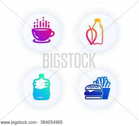 Cooler Bottle, Coffee Cup And Water Bottle Icons Simple Set. Button With Halftone Dots. Burger Sign.