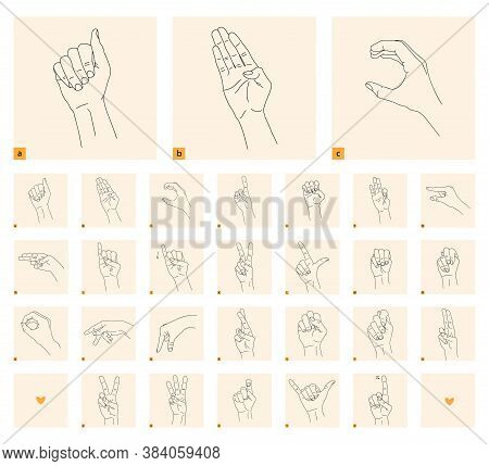 A Set Of Isolated Gestures For The Deaf And Dumb. Black Linear Drawing On A Light Background. Black 
