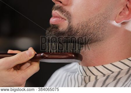 Haircut Head And Beard In A Barbershop. Barber Puts On And Combs The Client S Beard. The Process Of 