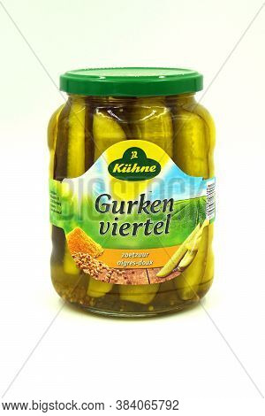 Zaandam, The Netherlands - September 6, 2020: Jar Of Kuhne Gherkins Against A White Background.