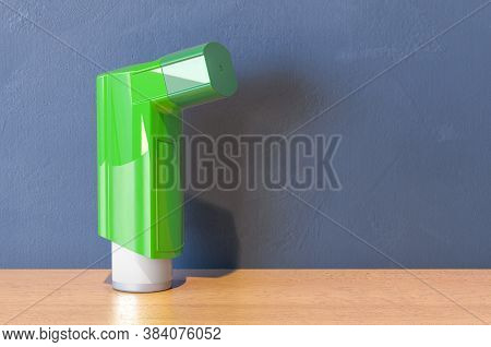 Green Inhaler On The Wooden Table. 3d Rendering