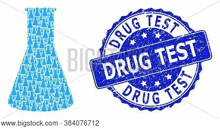 Drug Test Textured Round Watermark And Vector Fractal Mosaic Chemical Retort. Blue Seal Has Drug Tes