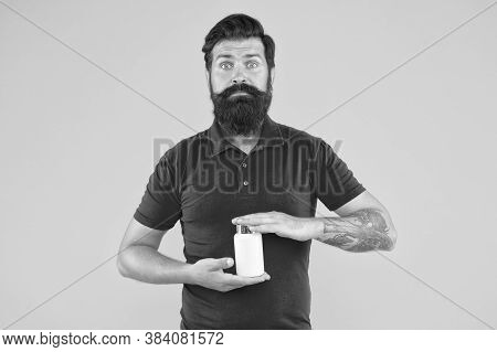 Commit To Be Fit. Brutal Bearded Hipster Hold Vitamin. Medicine Pills And Drugs. Virus Vaccine. Man 