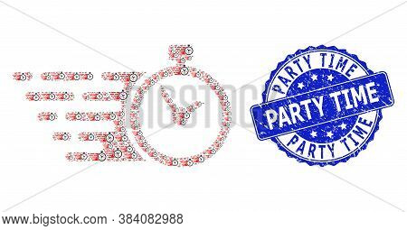 Party Time Scratched Round Stamp Seal And Vector Fractal Collage Time. Blue Stamp Seal Includes Part