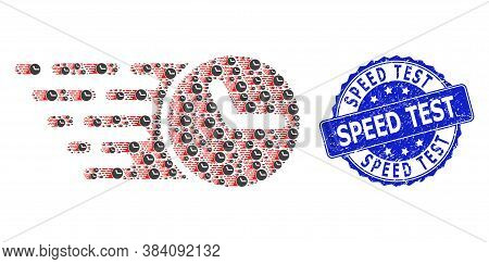 Speed Test Scratched Round Seal And Vector Recursion Collage Clock. Blue Seal Has Speed Test Caption
