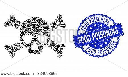 Food Poisoning Textured Round Stamp Seal And Vector Recursion Collage Death Skull. Blue Stamp Seal H
