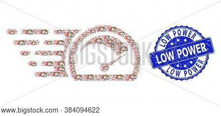 Low Power Rubber Round Stamp And Vector Recursive Collage Speed Gauge. Blue Stamp Includes Low Power