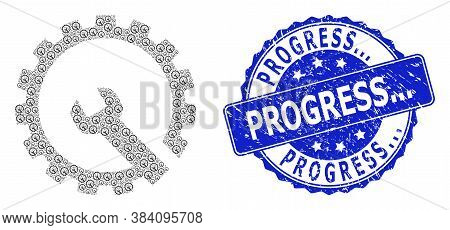 Progress... Grunge Round Seal And Vector Recursive Composition Gear Repair. Blue Stamp Seal Includes