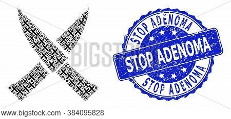 Stop Adenoma Scratched Round Stamp Seal And Vector Recursion Composition Crossing Knives. Blue Stamp