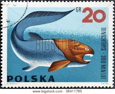Polen ca. 1966: eine Briefmarke gedruckt in Polen zeigt Dinichthys aus der Serie Dinosaurier Prehistori