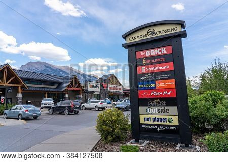 Canmore, Alberta, Canada - Sep 9 2020 : Canmore Crossing. Street View Of Town Canmore In Summer Seas