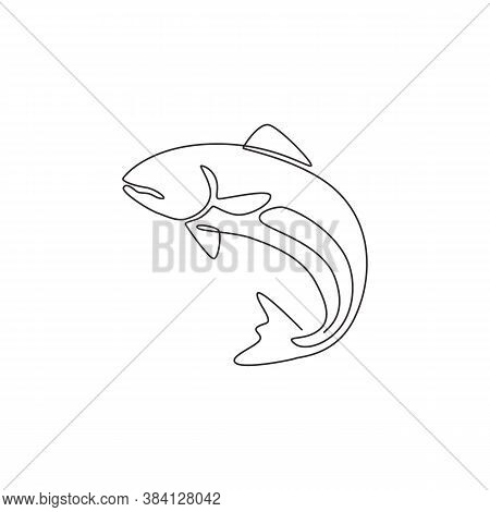 One Single Line Drawing Of Big Salmon For Logo Identity. Large Lake Fish Mascot Concept For Fishing 