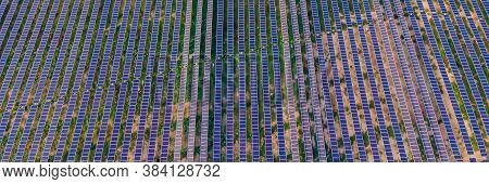 Aerial View Of The Solar Panel In Solar Farm For Green Energy Banner, Long Format