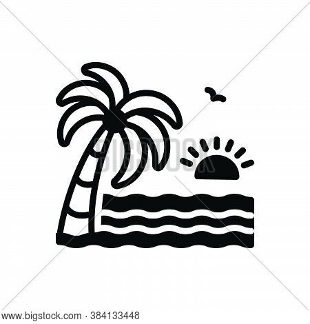 Black Solid Icon For Beach Sea Water Sun Arise Water-wave Palm-tree Tree Coconut Island Foliage Envi