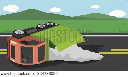 Accident Of Container Truck Crashes On The Road And Chemicals Have Leaked From The Container. Obstru