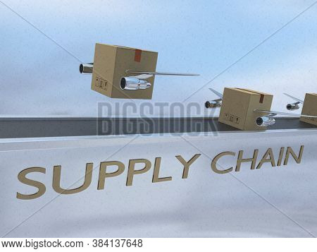 3d Illustration Of Supply Chain Text Under A Conveyor Belt Loaded With Cargo Boxes With Symbolic Win