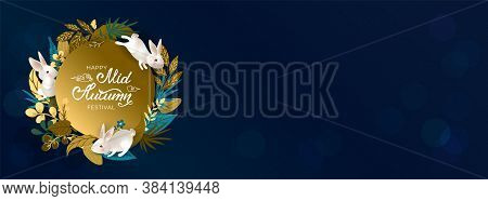 Happy Mid Autumn Festival. Cute White Hares And Full Moon. Cover Social Network With Rabbits, Hand D
