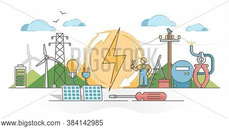 Electricity As Wind And Solar Energy Power Voltage Supply Outline Concept. Battery Charging And Ligh
