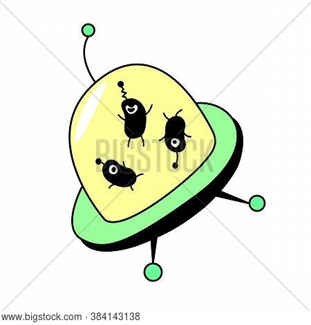 The Icon Of Ufo. Green Flying Saucer With Cute Funny Aliens In Cartoon Style Isolated On White Backg