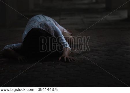 Girl Zombie In Blood. Asian Woman Ghost With Blood. Horror Scary Fear In Dark House Creepy Crawling 