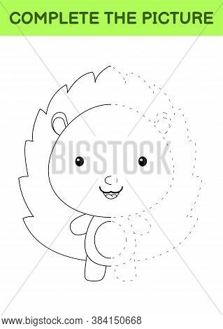 Complete The Picture Of Cute Hedgehog. Coloring Book. Copy Picture. Handwriting Practice, Drawing Sk