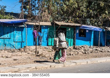 Gondar, Ethiopia - Feb 07, 2020: Ethiopian People On The Road From Gondar To The Simien Mountains, N