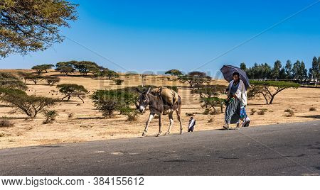 Gondar, Ethiopia - Feb 07, 2020: Ethiopian People On The Road From Gondar To The Simien Mountains, N