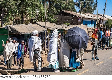Gondar, Ethiopia - Feb 07, 2020: Ethiopian People On The Road From Gondar To The Simien Mountains, N