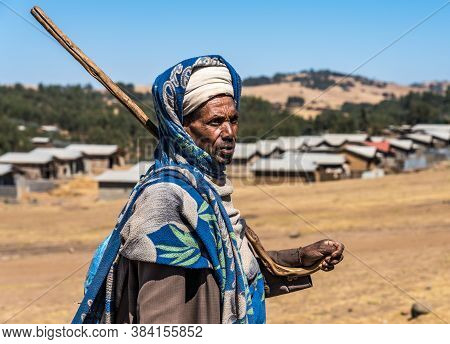 Gondar, Ethiopia - Feb 07, 2020: Ethiopian People On The Road From Gondar To The Simien Mountains, N