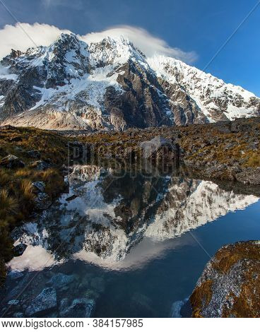 Evening View Of Mount Salkantay Mirroring In Lake, Salkantay Trek In The Way To Machu Picchu, Cuzco 