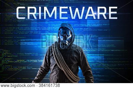 Faceless hacker with CRIMEWARE inscription on a binary code background