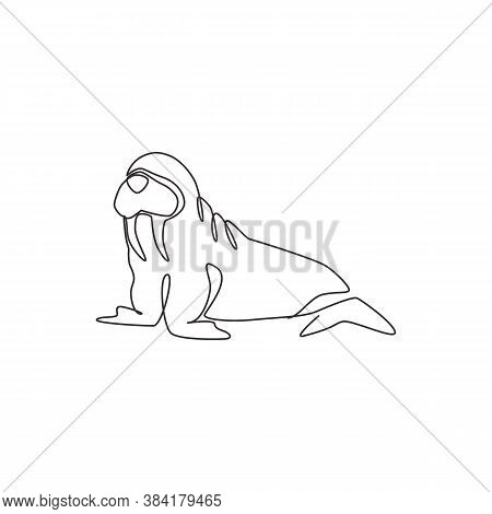 Single Continuous Line Drawing Of Big Cute Walrus For Logo Identity. Arctic Regions Animal Mascot Co