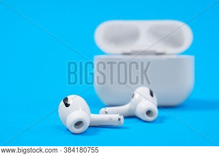 Rostov, Russia - July 06, 2020: Wireless Headphones Apple Airpods Pro In Opened Charging Case With A