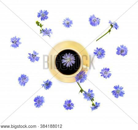 Top View Of A Cup Of Drink With Chicory And Flowers Chicory (cichorium Intybus) On A White Backgroun