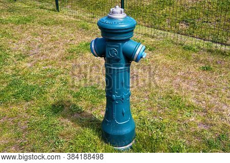 Gdansk, Poland - May 14, 2017: Blue Pillar Fire Hydrant Krammer In Nostalgic Style In The Gdansk.