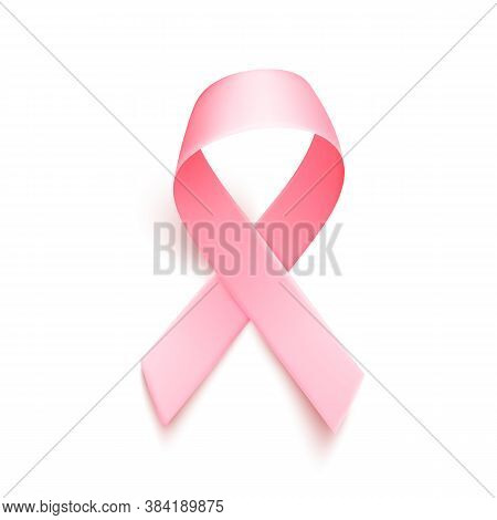 Realistic Pink Ribbon Over White Background With Shadow. Symbol Of National Breast Canser Awareness 