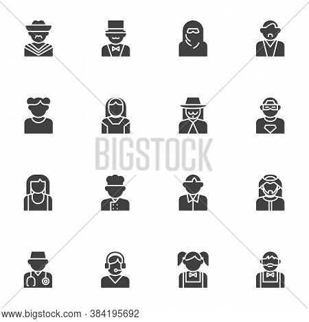 People Characters Avatars Vector Icons Set, Modern Solid Symbol Collection, Filled Style Pictogram P