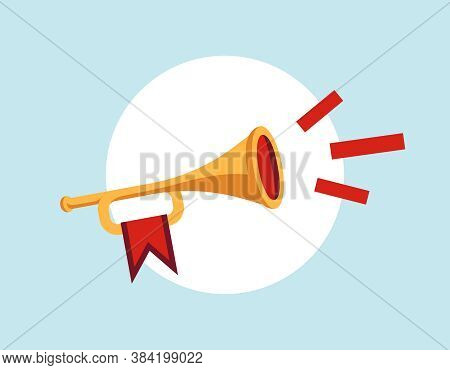 Trumpet With Red Flag Vector. High Quality Cartoon Music Instrument Illustration Made In Flat Design