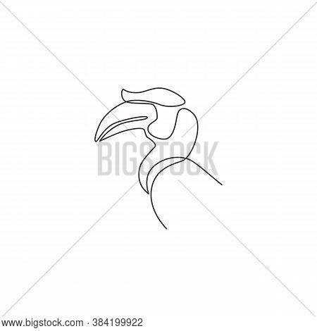 Single Continuous Line Drawing Of Beauty Great Hornbill Head For Company Logo Identity. Big Beak Bir